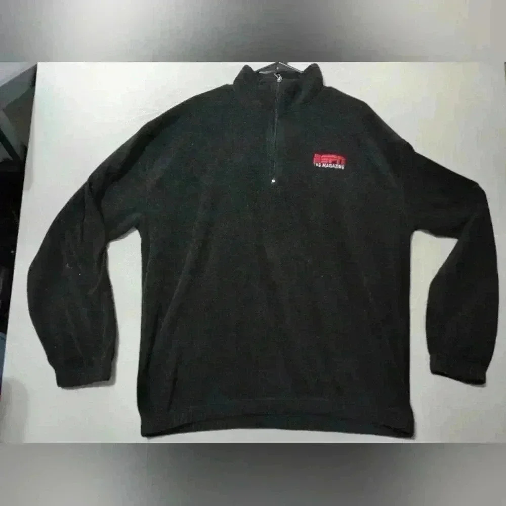 ESPN The Magazine 1/4 Zip Fleece Pullover Jacket Black Size XL Casual